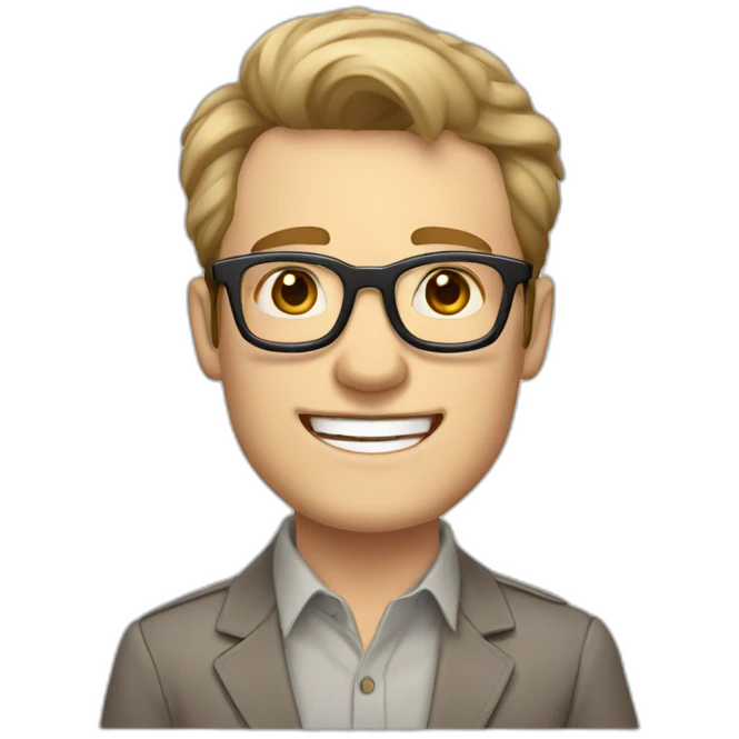 Joyful Pale skinned Fit Man With dark brown hair in gray jacket, beige office shirt, Brown pants and vintage glasses. His thrumbs up emoji