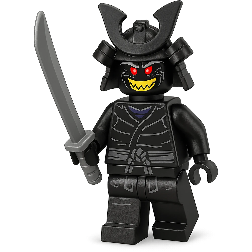 Garmadon, LEGO Ninjago character, evil grin, holding sword, no text emoji