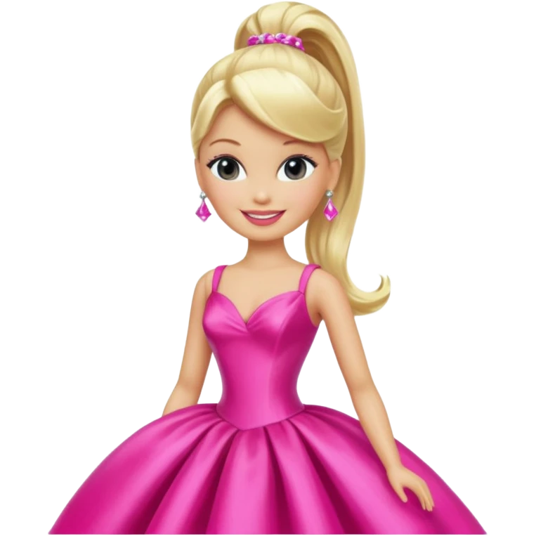 En klassisk blond modedukke med høj hestehale, iført en glamourøs hot pink aftenkjole, skinnende plastik-tekstur, smilende, ikonisk legetøjs-æstetik. emoji