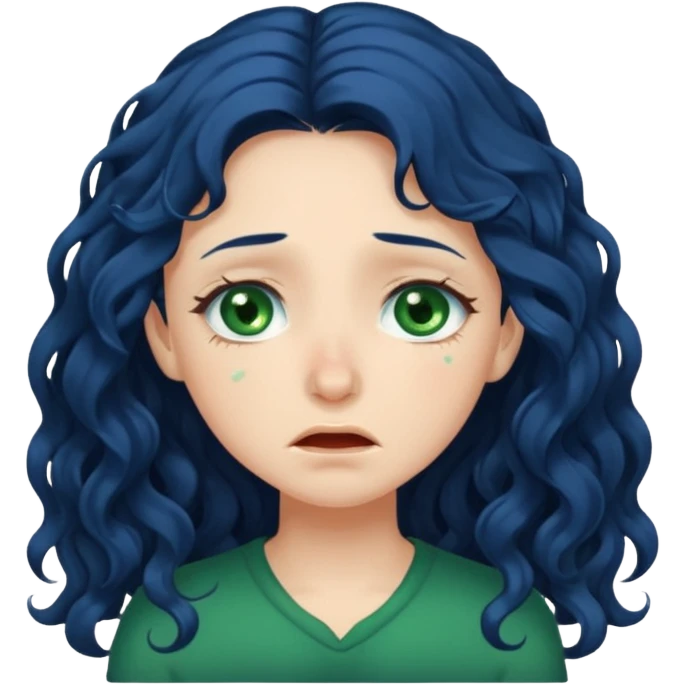 Girl with long  curly dark blue hair, green eyes, and very fair skin.crying emoji