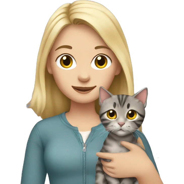 Blonde girl holding a gray tabby cat emoji