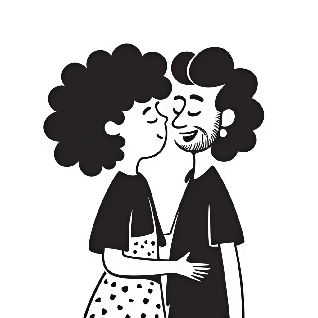 Curly haired woman with curly hair kissing a man with straight hair and a beard, cute couple emoji
