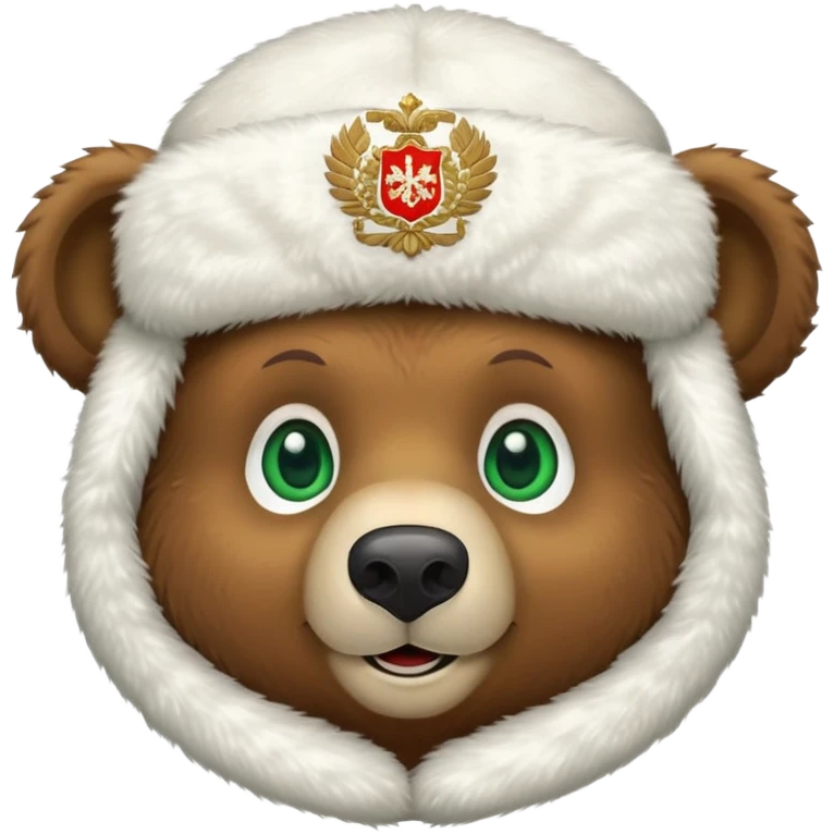 Extra cute smiling brown bear face with big green eyes, soft white fluffy ushanka hat with clear Russian Federation coat of arms emblem, iOS emoji style emoji