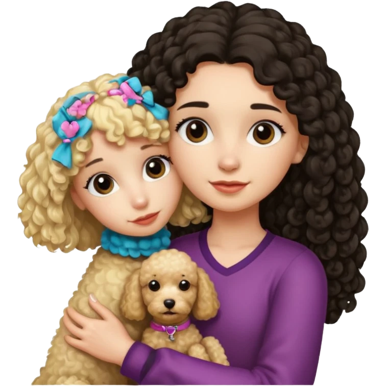 Ludo (ragazza mora capelli lisci lunghi) che abbraccia il suo cane leone (un barboncino biondo) emoji
