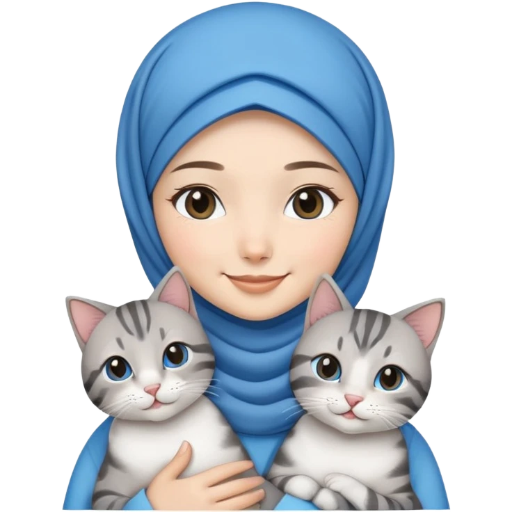Asian White girl wearing  blue hijab and white dress holding a black grey tabby cat while smiling.  emoji