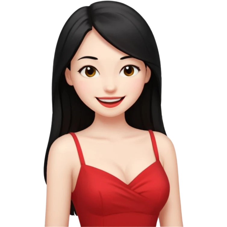 Chica joven pelo sémi largo color negro lacio delgada con con pechos grandes vestido rojo con sonrisa amigable y guiñando el ojo emoji