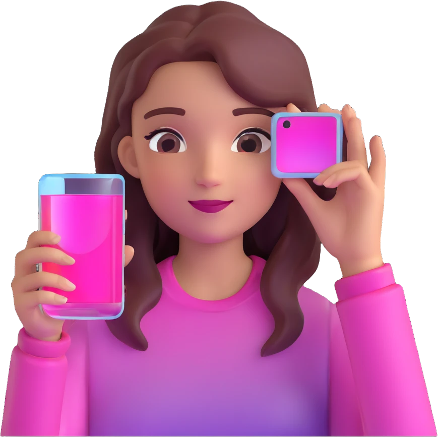girl taking selfie, transparent glass with bright pink gradient from #FF335F to #FF99AA, highlights and reflections, minimalistic emoji