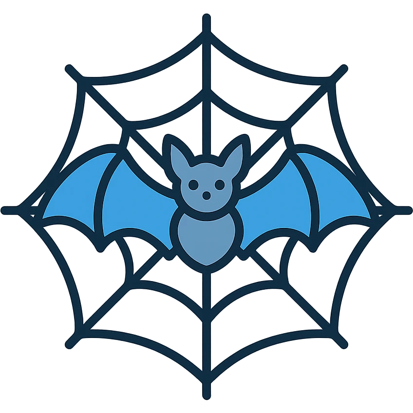 a bat with spread wings in a spiderweb, icon style, color outline with subtle blue and gray tones emoji