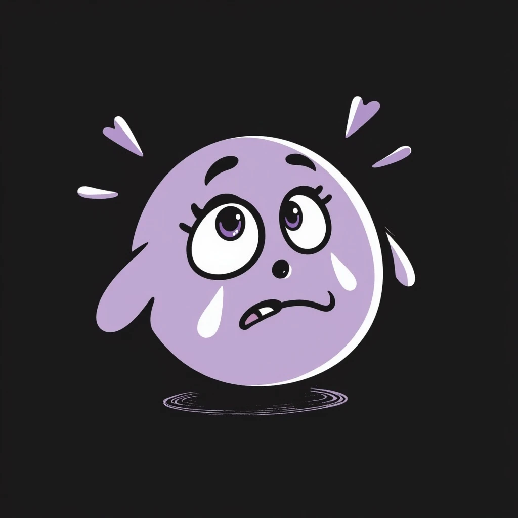 pastel chalk hand-drawn emoji, big purple eyes with white heart-shaped pupils, tears streaming down cheeks, trembling motion lines, soft frown, heartbreak expression, rough doodle texture, lilac color palette, dark surface, for emotional Telegram use emoji
