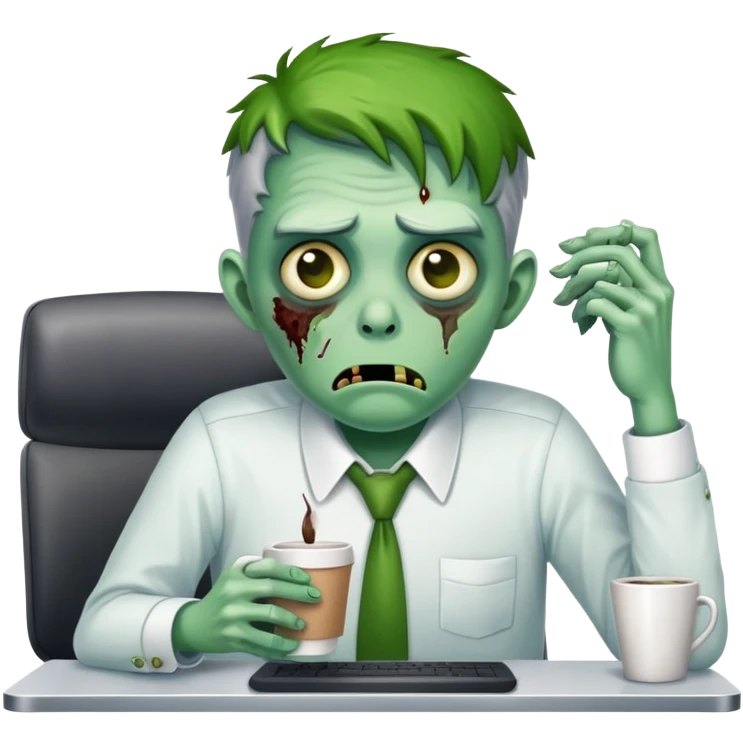 office zombie clerk with green skin looking tired and waiting for a coffee break emoji