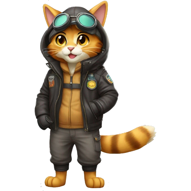 Anthro Fur-Sona feline-Fakémon with an aviator jacket gloves and cap Full Body emoji