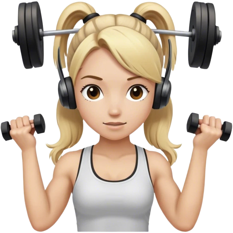 Blonde girl lifting weights, hair in a ponytail with brown beats headphones over ears emoji