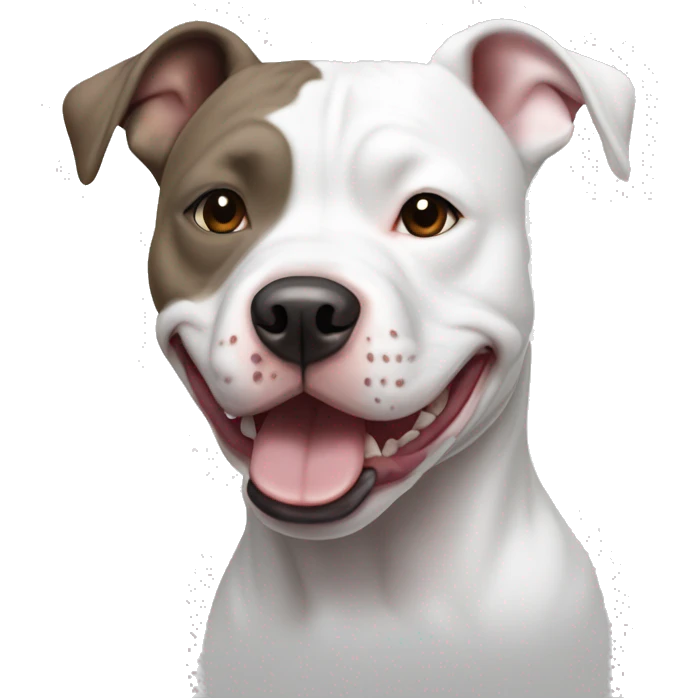 Smiling White American Staffordshire terrier with light gray/brown patches by only her left ear and blue eyes emoji
