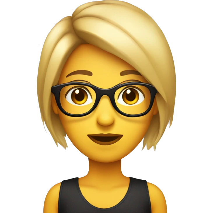 Chica con pelo largo negro, flequillo, ojos color marrones, con lentes para ver  emoji