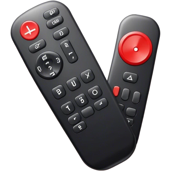 One big black tv remote control with red border, frontal face in  2 dimensions. The remote control have to have 4 buttons in black and one big one big red play button in the middle emoji