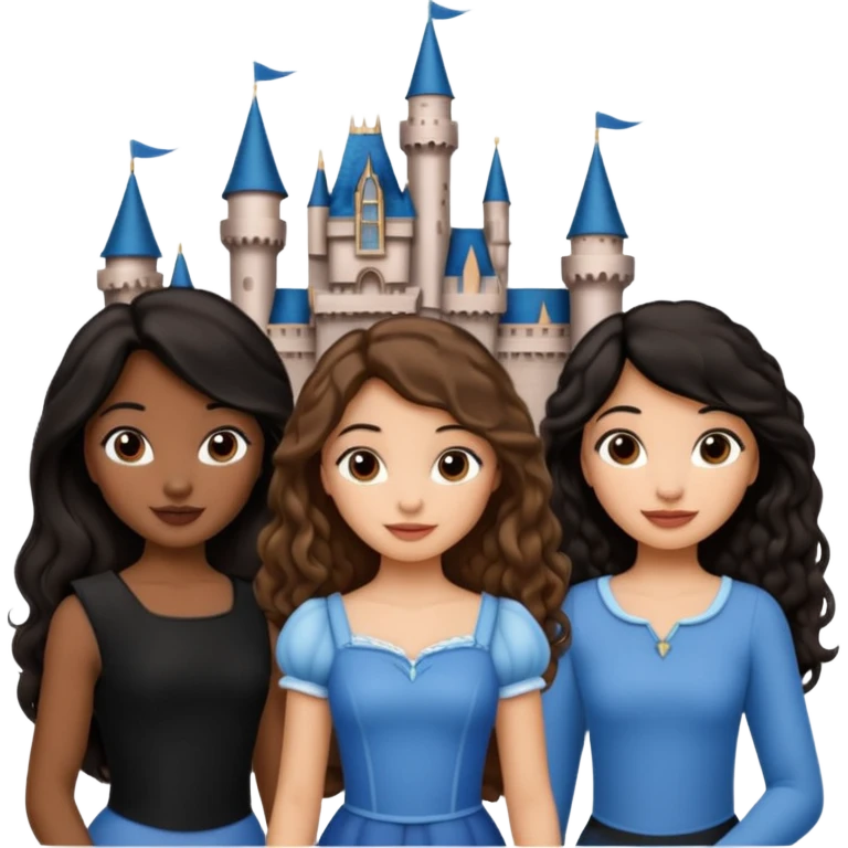Quiero que crees una imagen donde este el castillo de Disney y por detrás o delante pon a quatro chicas: una con el pelo largo rizado marrón , otra con el pelo corto negro, otra con el pelo mediano liso marrón y otra con el pelo negro largo liso emoji