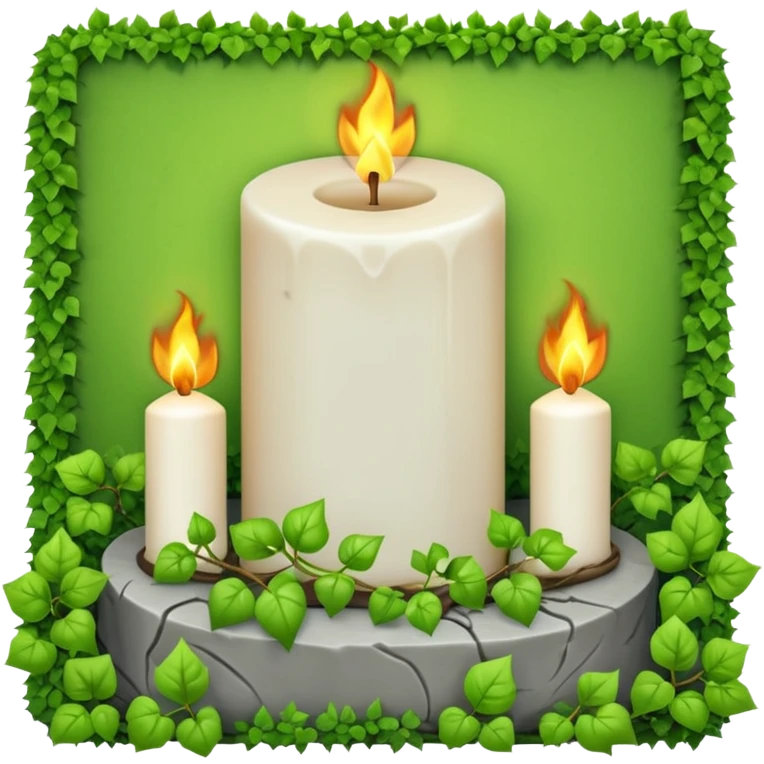 Gravsten med lite ivy som klättrar på den och framför i gräset på marken ett stående vitt brinnande blockljus emoji