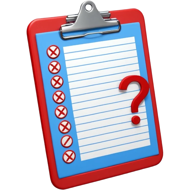 A red clipboard with a tactical scheme (X's and O's) crossed out and a question mark (?) above it. blue (#00A3E0) and red (#F9423A) emoji