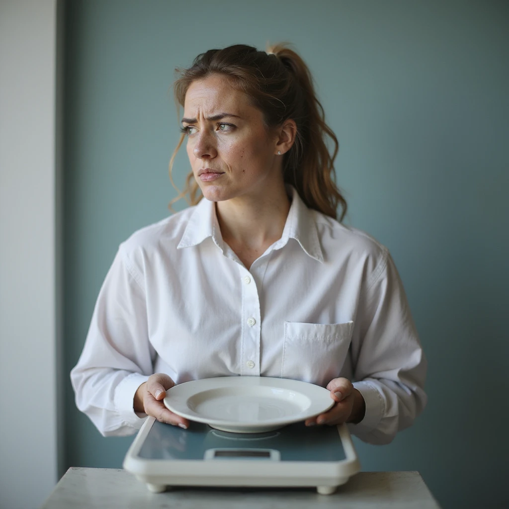 vertical 9:16 portrait of a woman with PCOS standing on a scale holding a ketogenic plate, disappointed expression, face with acne and facial hair, thin hair, clinical environment, hyperrealistic 4K details emoji