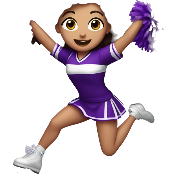 Caucasian cheerleader with dark brown curly hair, jumping and holding up two purple Pom poms, small full body emoji emoji