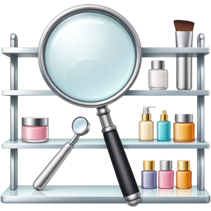 front view magnifying glass over beauty product shelf searching for last item emoji