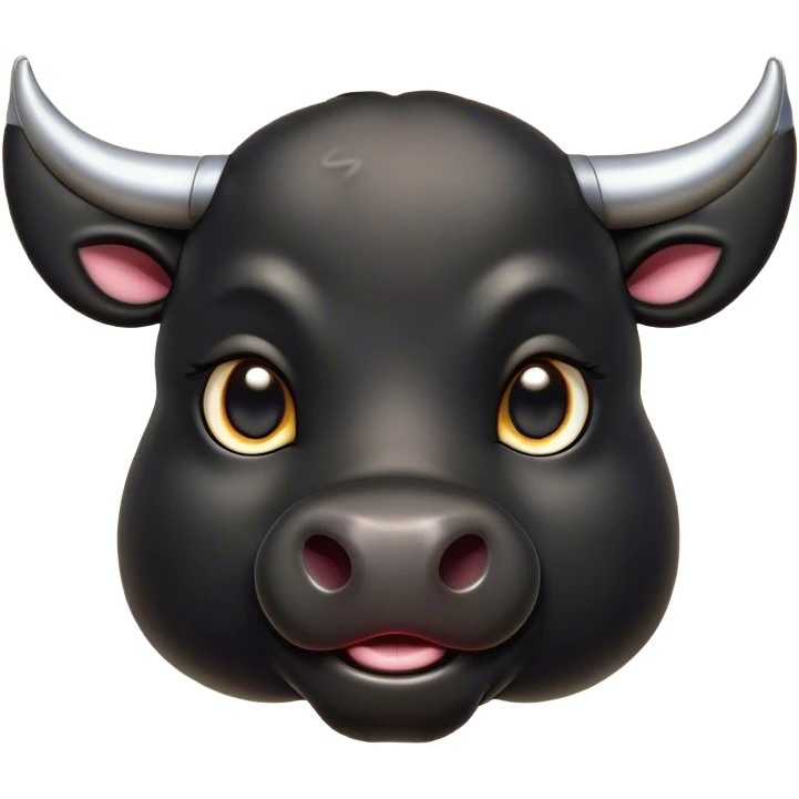 Cinematic Cute Black Bull Portrait Emoji, Head tilted playfully and inquisitively, featuring a glossy, robust black hide with a striking sheen, round, sparkling dark eyes filled with gentle curiosity, Simplified yet irresistibly adorable features, highly detailed, glowing with a warm, friendly glow, high shine, affectionate and imposing, stylized with a touch of rugged charm, bright and endearing, soft glowing outline, capturing the essence of a mischievous yet loving bull, so playful it feels like it could stomp out of the screen and into your arms! emoji