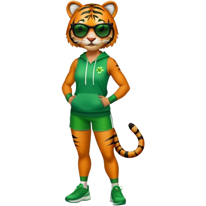 female energetic anthropomorphised tiger in full body, wearing St. Patrick's Day themed sportswear and dark sunglasses emoji