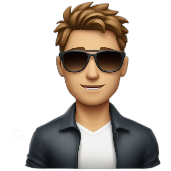 A young fit man with a white shirt and sunglasses on his hair with brown hair and a French flag in his hand emoji