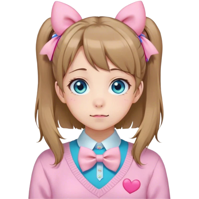 Neuro-sama, AI Vtuber, light-brown hair, blue big round eyes, anime style, pink bow ties in hair, blushing, cute, cyan bow tie on neck, pastel-yellow sweater, pig tails, white heart hair clip emoji