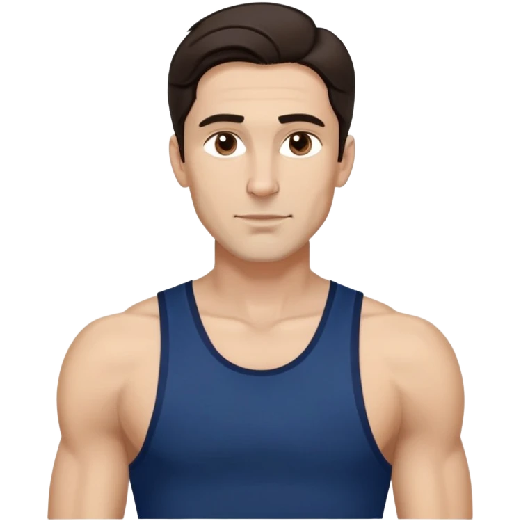 Fit man in his early 40s with light brown complexion. Elongated face with strong jawline. Attractive features with medium dark eyes and arched eyebrows. Straight nose. Confident expression. Medium-length wavy dark hair styled modernly. Wearing a dark blue athletic tank top. emoji
