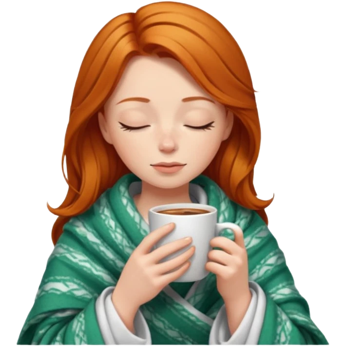 girl with ginger hair inside a blanket sipping coffee eyes closed emoji