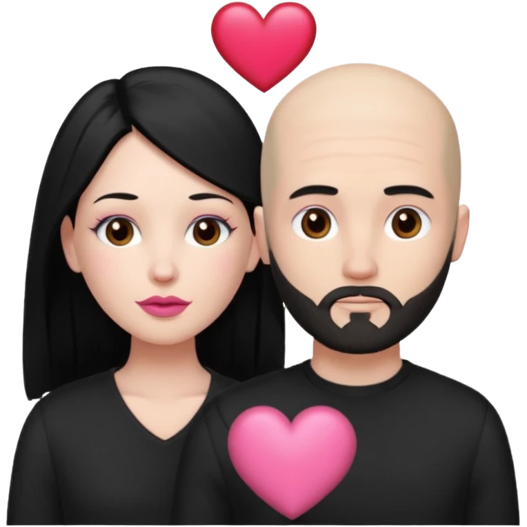 👩🏻‍❤️‍💋‍👨🏻 this one but the man should be bald. white woman with long black hair and white bald young man whoitiut hair and a heart between their heads. she has pink lips and both have brown eyes. he has e full beard but short. both wear black emoji