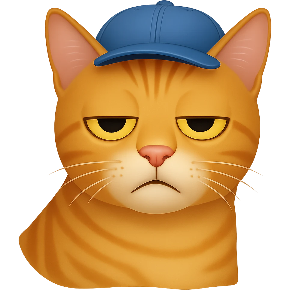Change the cat's face expression to bored, keep the blue cap, and set the background to transparent. The style should resemble emoji style with simple and clear features. emoji