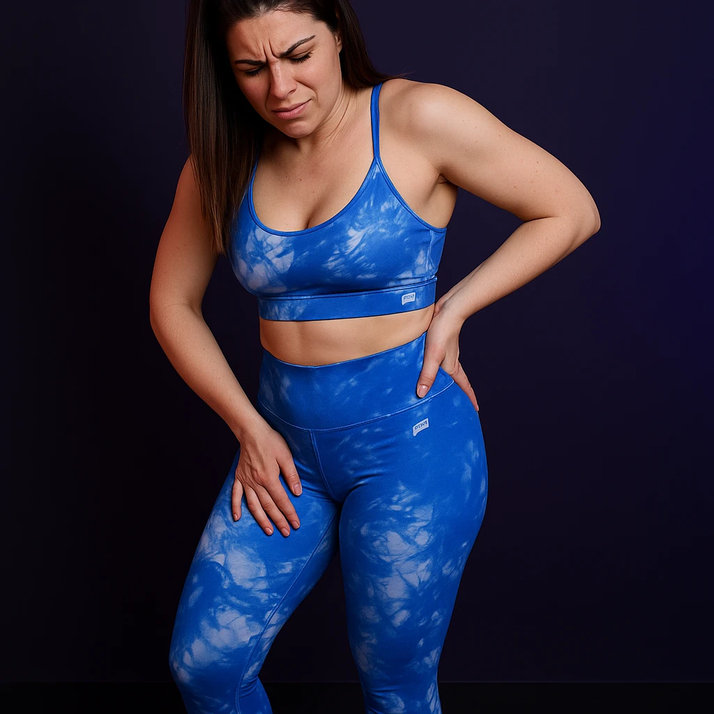 Slim woman in 4K, standing with asymmetric posture, right hand pressing on right hip, acute localized pain expression, gaze directed towards the painful spot, inspired by the reference photo. emoji