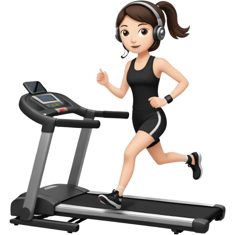 brunette, white girl, in a black gym set with headphones on, on the treadmill, emoji