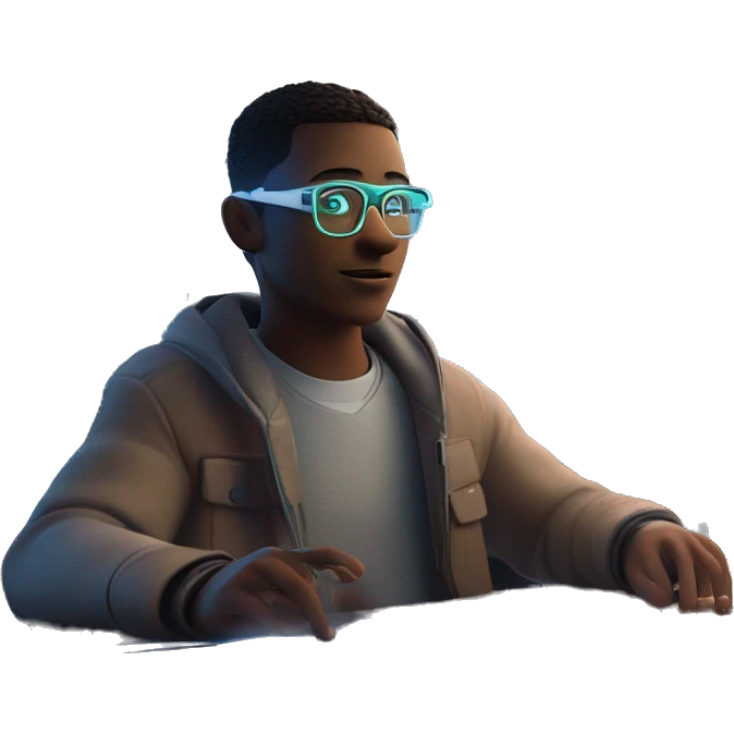 Focused Quantik, with neon accents and AR glasses, taps a holographic screen displaying a complex equation while his drone companion scans for solutions in a futuristic metaverse classroom. emoji