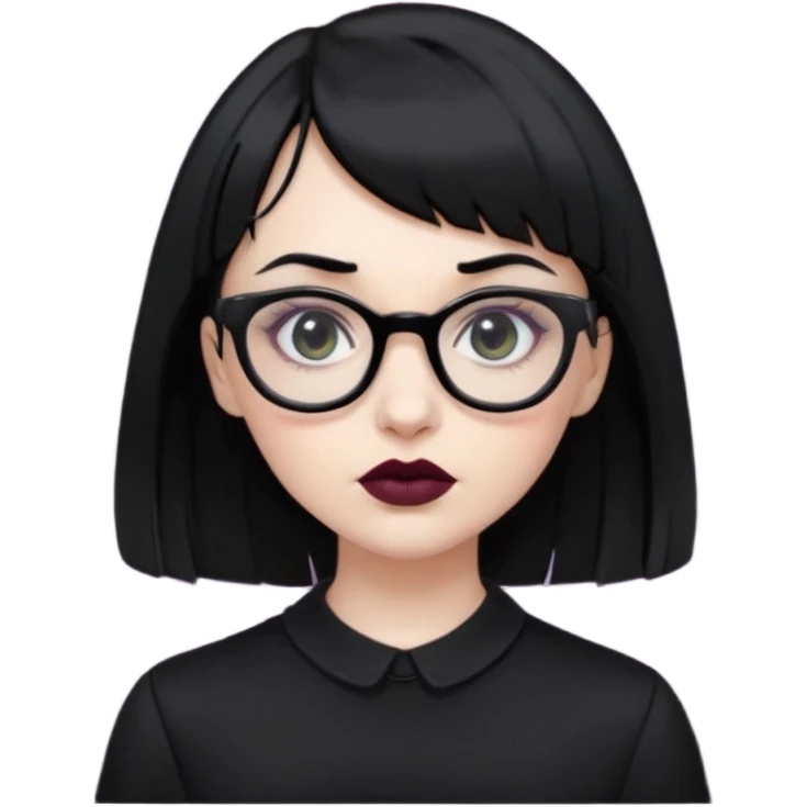 white woman with medium length black hair and baby bangs, glasses, with goth makeup and clothing  emoji