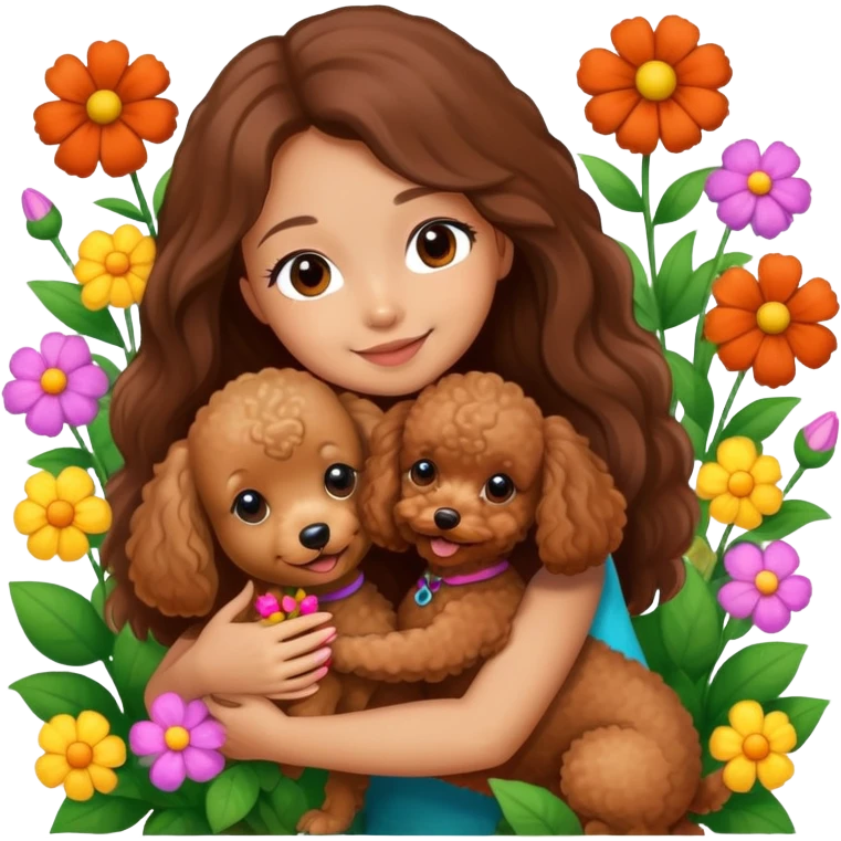 A beautiful girl with long straight hair happily hugs a brown toy  poodle in the flowers emoji