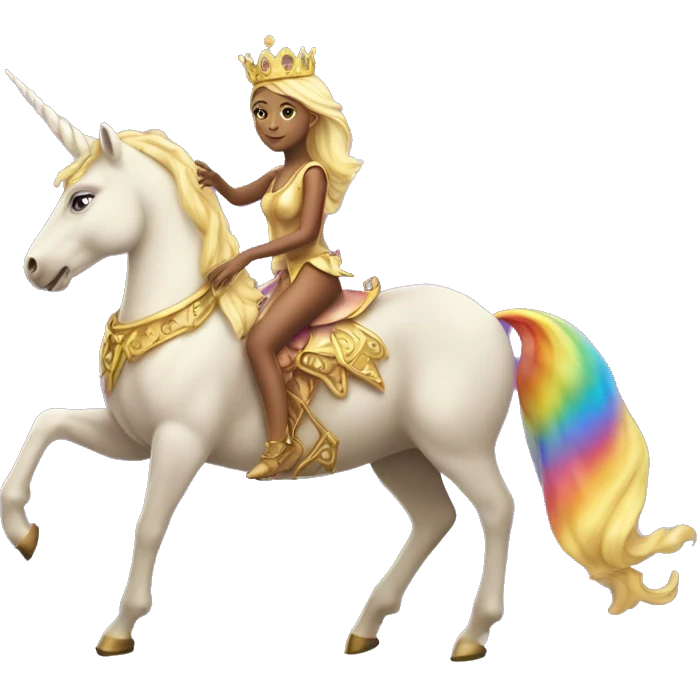 A fairy queen with purple wings and a golden crown riding a rainbow unicorn ￼ emoji