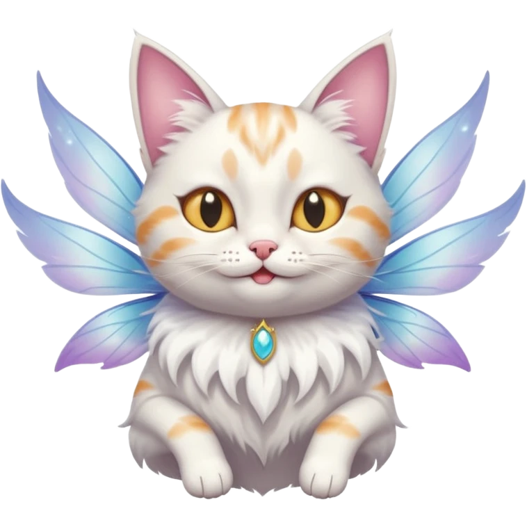 A cat with fairy wings, floating mid-air with a mischievous smirk, portrait, bust up emoji