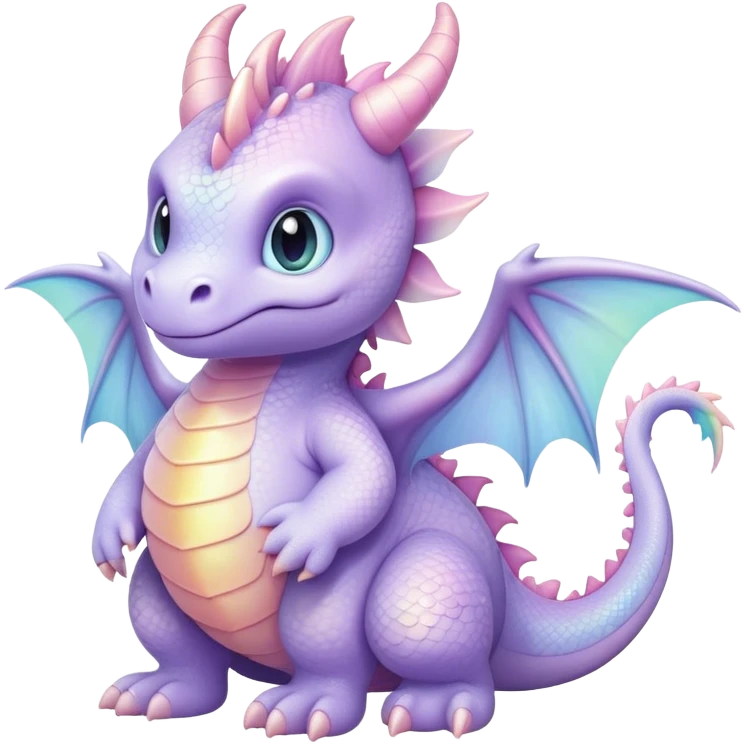 Cinematic fluffy pastel dragon, tiny round wings, chubby feet, sparkling gentle eyes, delicate glowing scales, soft colors blending magically, enchanting and whimsical. emoji
