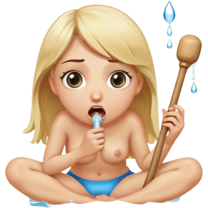 blond woman sitting on her knees with wide eyes, holding a wide skin-colored stick with a D-shaped knob, the knob has skin texture, water squirting from the flat side of the knob into her mouth, shocked face emoji