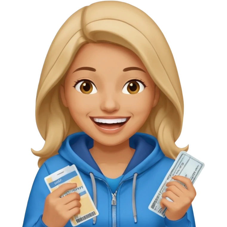 Hilarious, blunt, high energy, and adventurous. woman in hoodie laughing with plane tickets  emoji