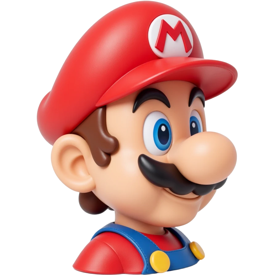 a worker in factoryA 3D-rendered head of a character inspired by Super Mario, facing slightly from front-left to right. The head should include his signature red cap with an ‘M’, large round nose, thick mustach emoji