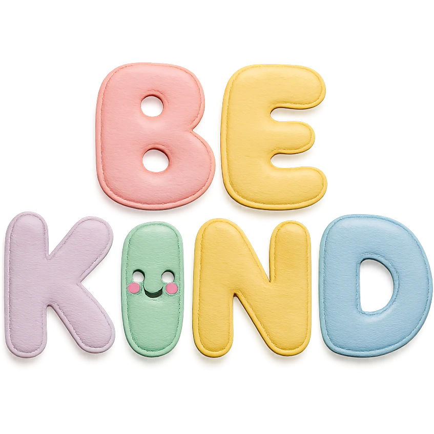 "Be Kind" soft pastel rainbow puffy bubble letters, kawaii cute, transparent background, no frame emoji