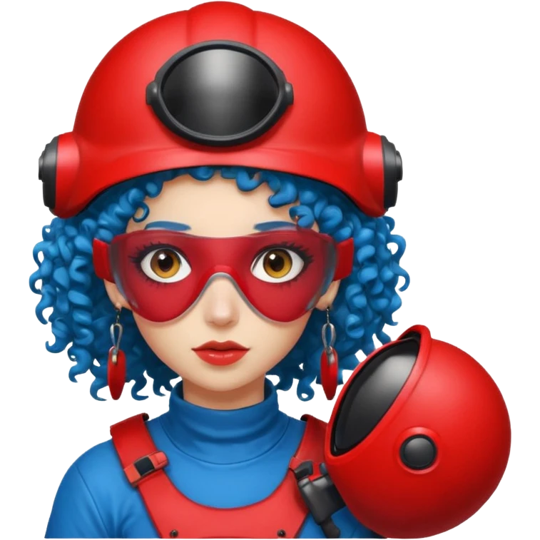 blue curly haired girl with huge earrings wearing red paintball helmet with eye protection, only face  emoji