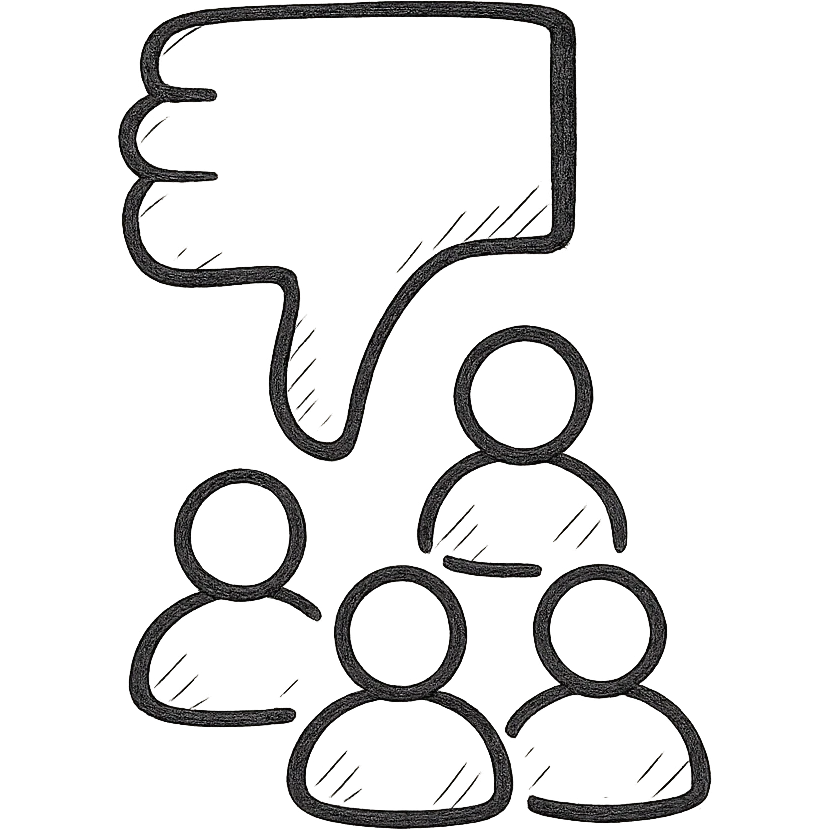 hand drawn black outline icon of a group of people arranged in a pyramid shape with a large thumbs down symbol behind them emoji