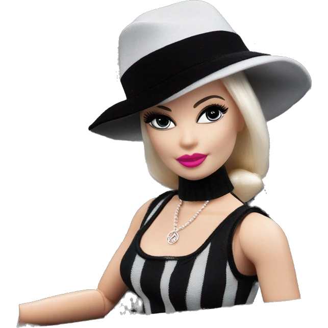 Bouclé Beauty Lingerie Barbie, 1965 Wednesday Addams from academy, in dark-gray and black striped outfit with hat. Driving 1978 Mercedes convertible sports car  emoji