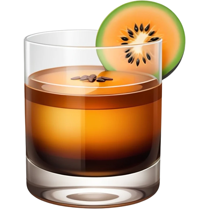 small clear glass with layered carajillo drink - amber liquor on bottom, dark coffee on top, with a slice of cantaloupe melon on the side emoji