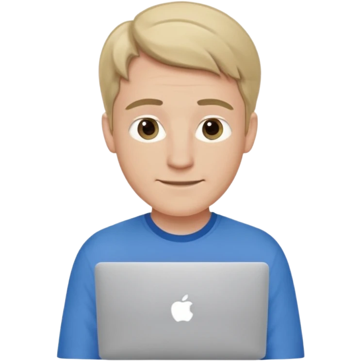 A white man in his mid 20s, middle part average dude with slightly droopy eyes, happy, using a MacBook (no logo), hero for an iOS developers website emoji